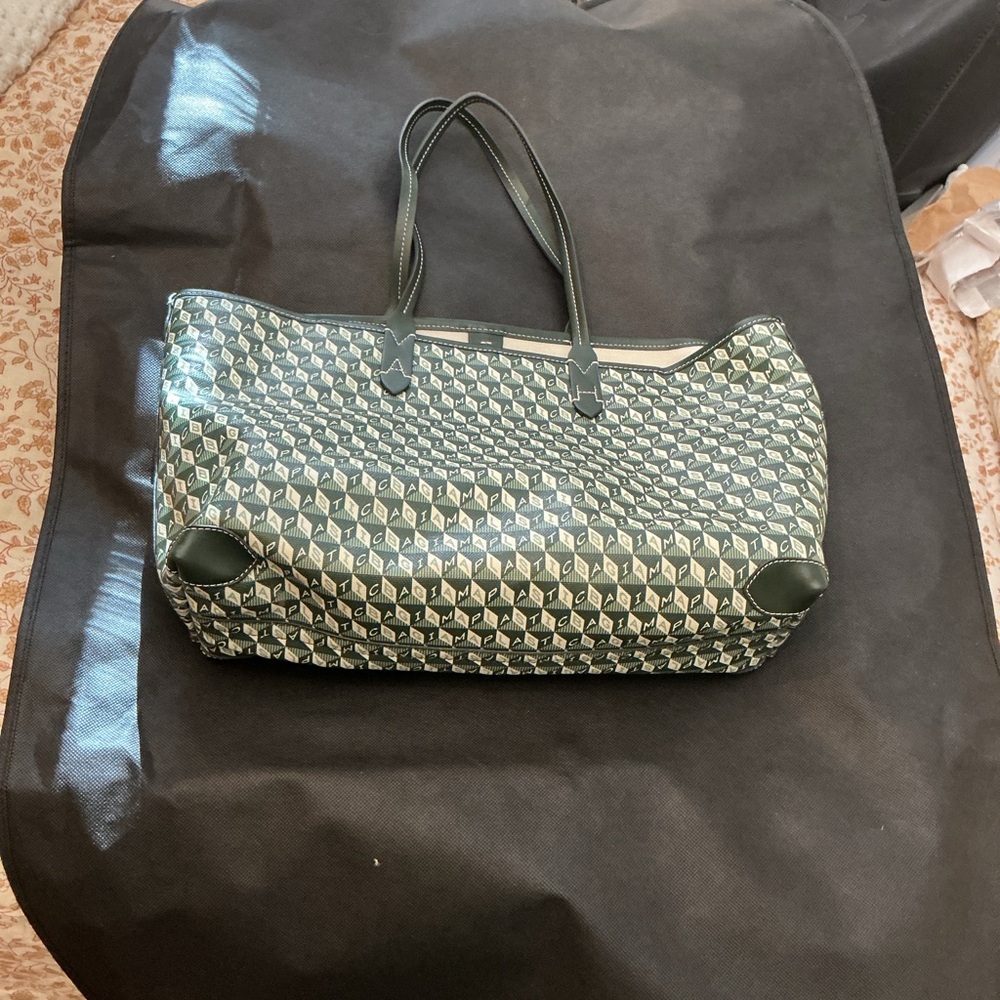 Anya Hindmarch Green Patterned Tote with Black Trim and Gold Hardware
